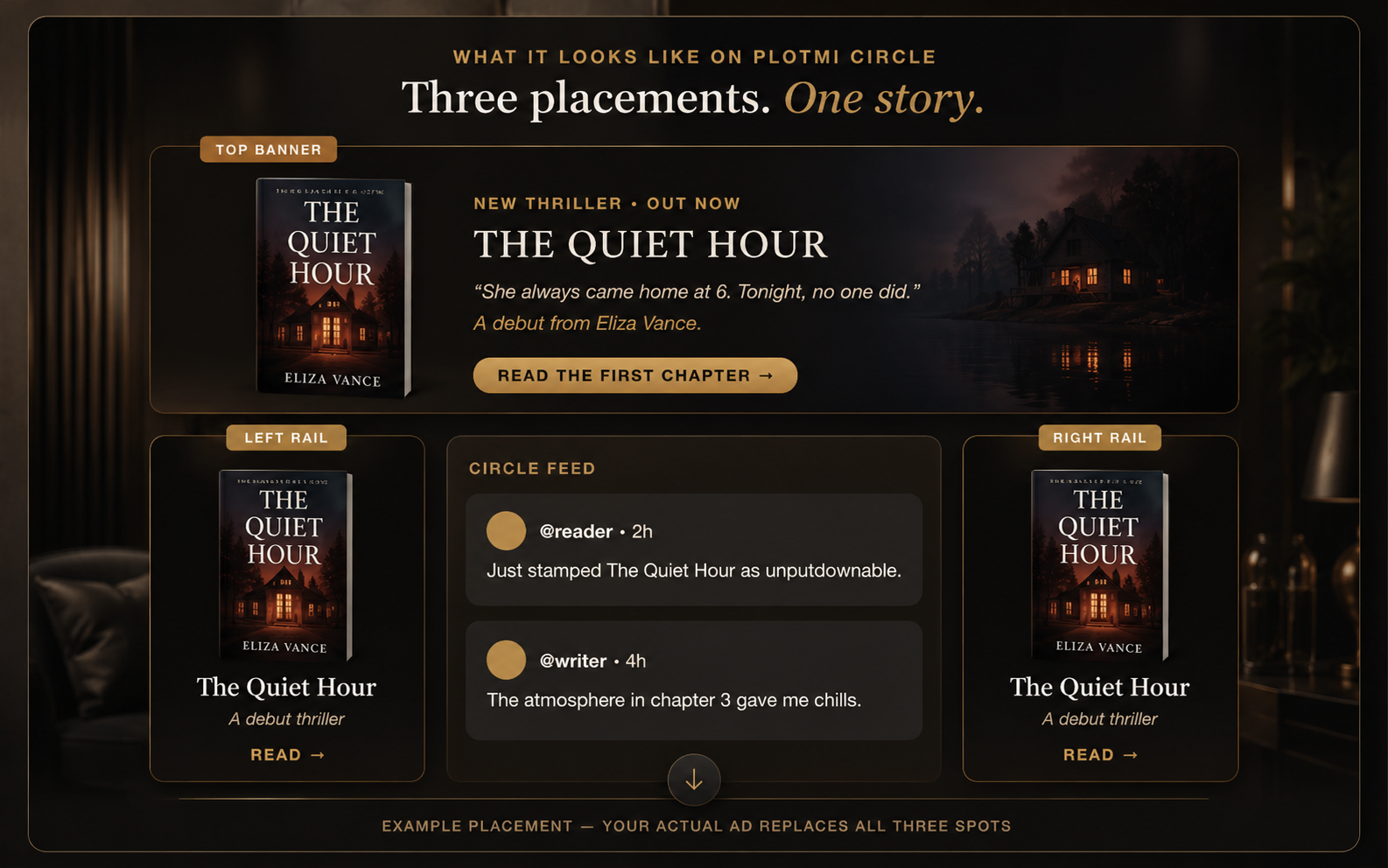 Plotmi Circle marketing placement preview showing top banner, left and right rails for a book promotion